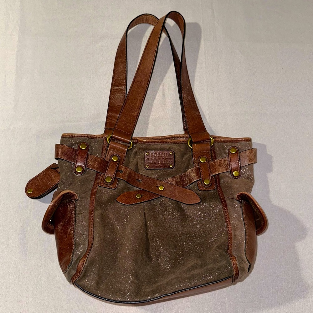 FOSSIL Adrina Genuine Leather Glitter Double Strap Handbag Key Charm Soft Medium